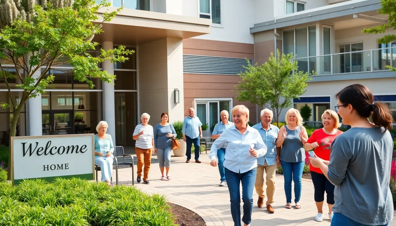 modern retirement home with active seniors enjoying community activities.