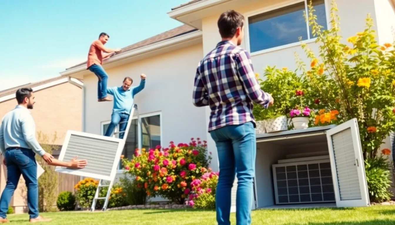 homeowners performing spring maintenance tasks outdoors.