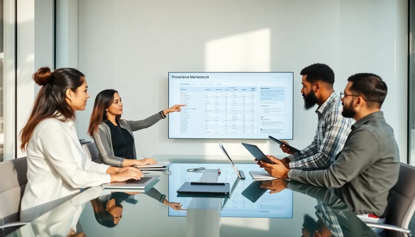 diverse team discussing preventative maintenance checklists in a modern office.