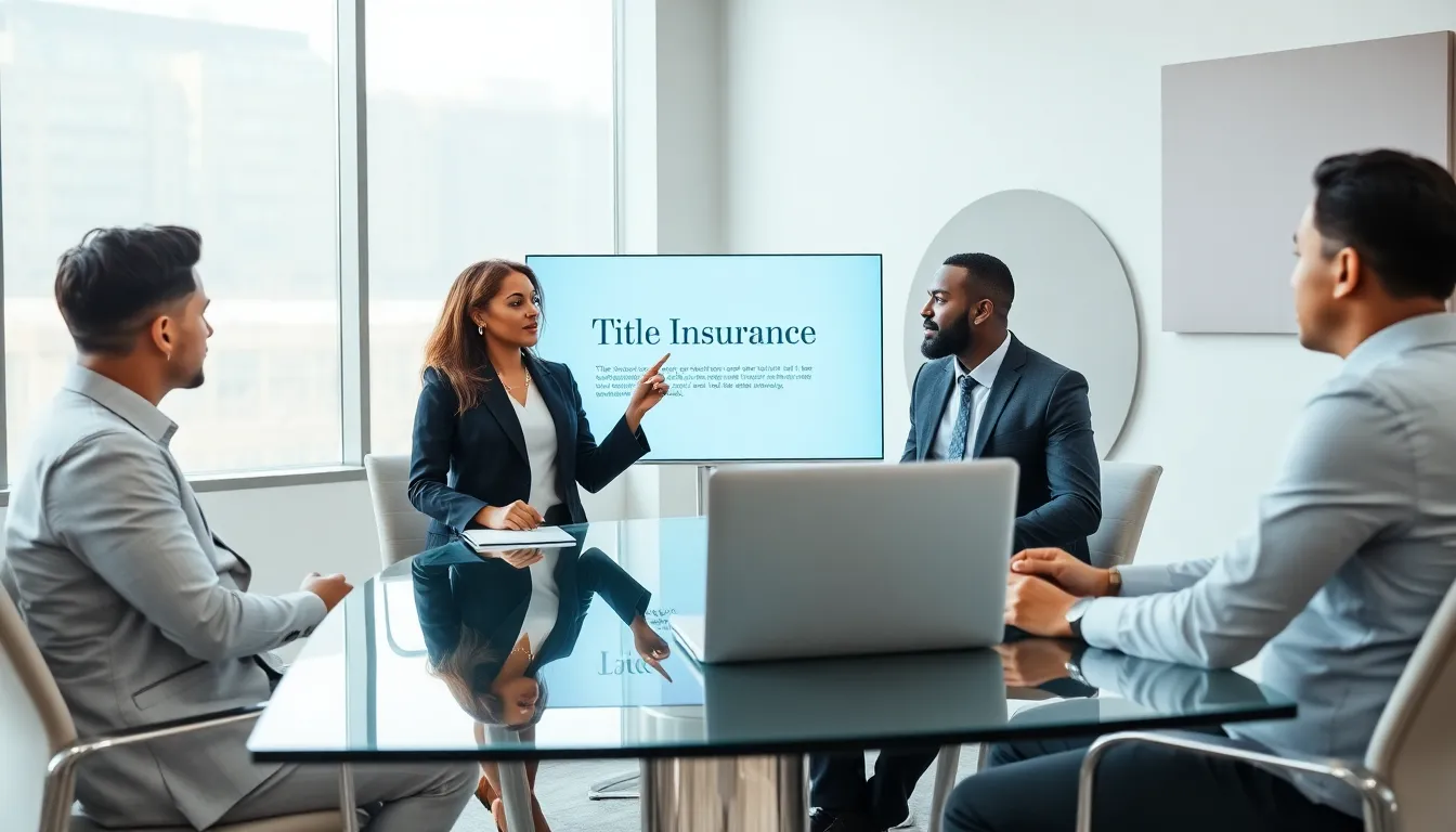 real estate professionals discussing title insurance in a modern office.