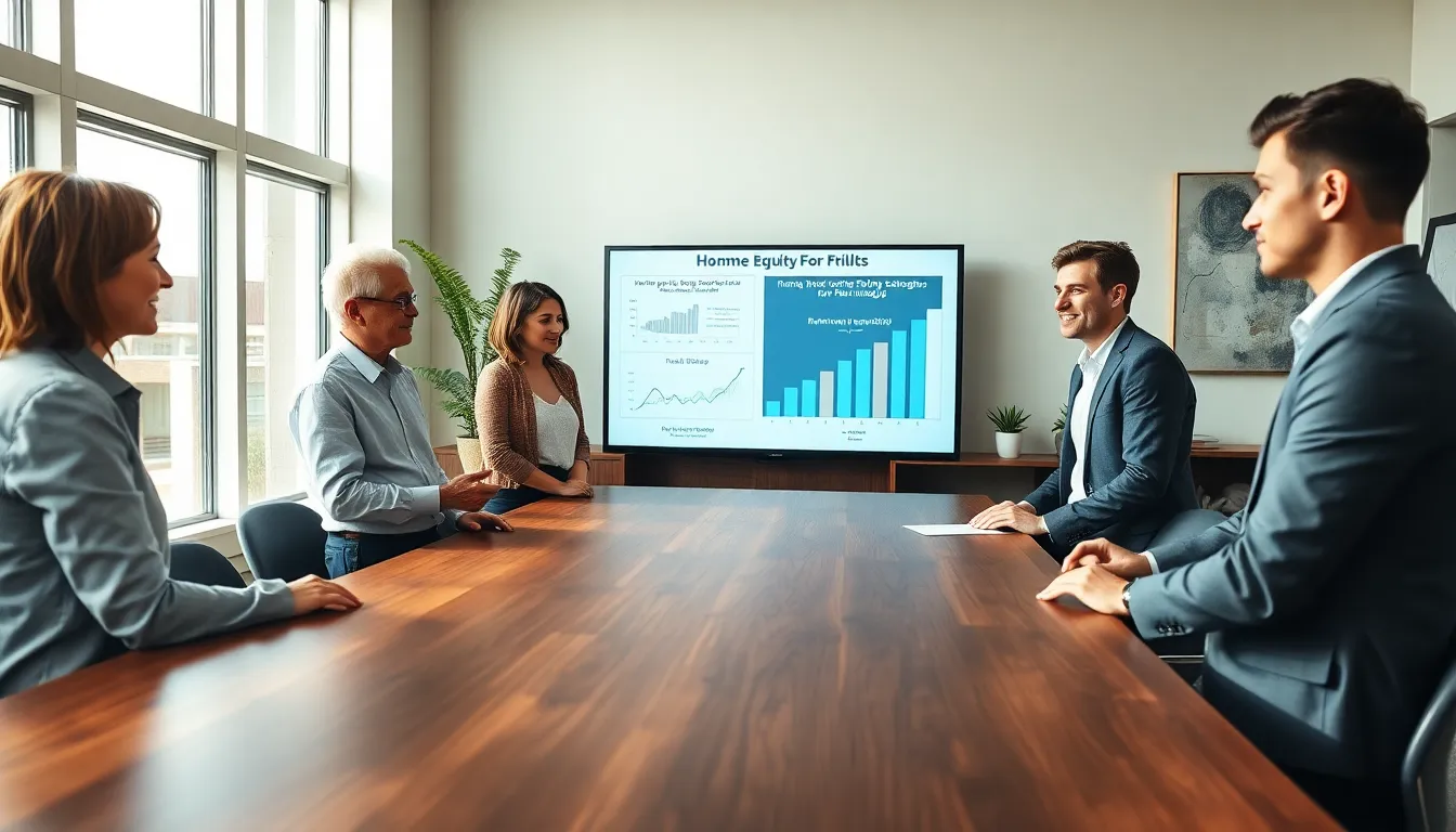 diverse professionals discussing home equity in a modern office.