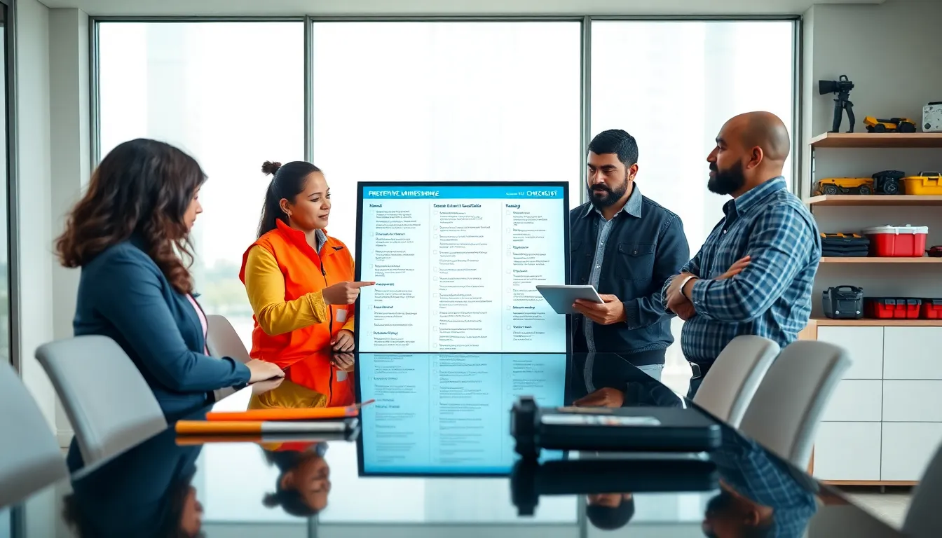 diverse team reviewing preventive maintenance checklists in a modern office.