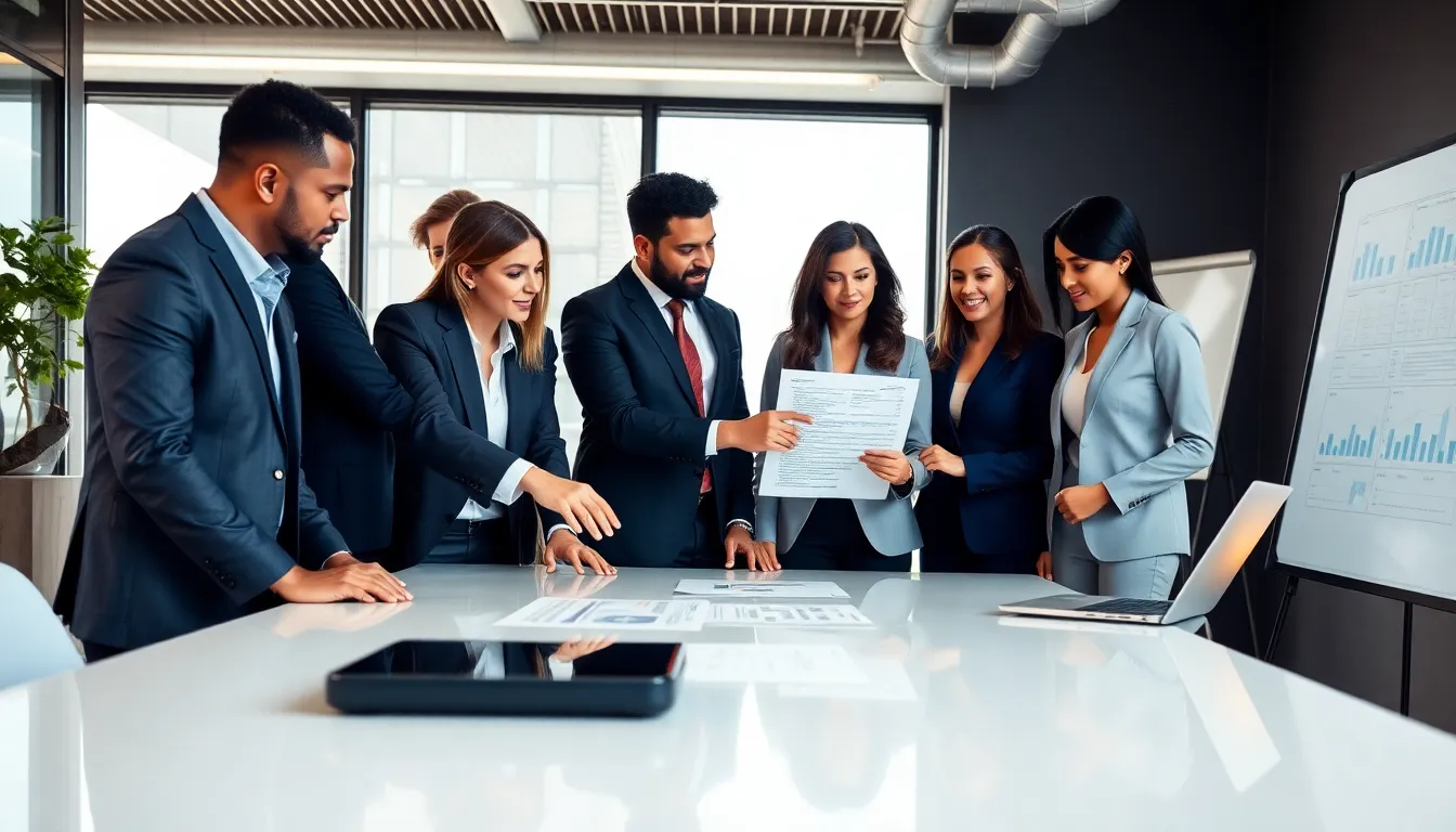 diverse professionals discussing title and escrow in a modern office.